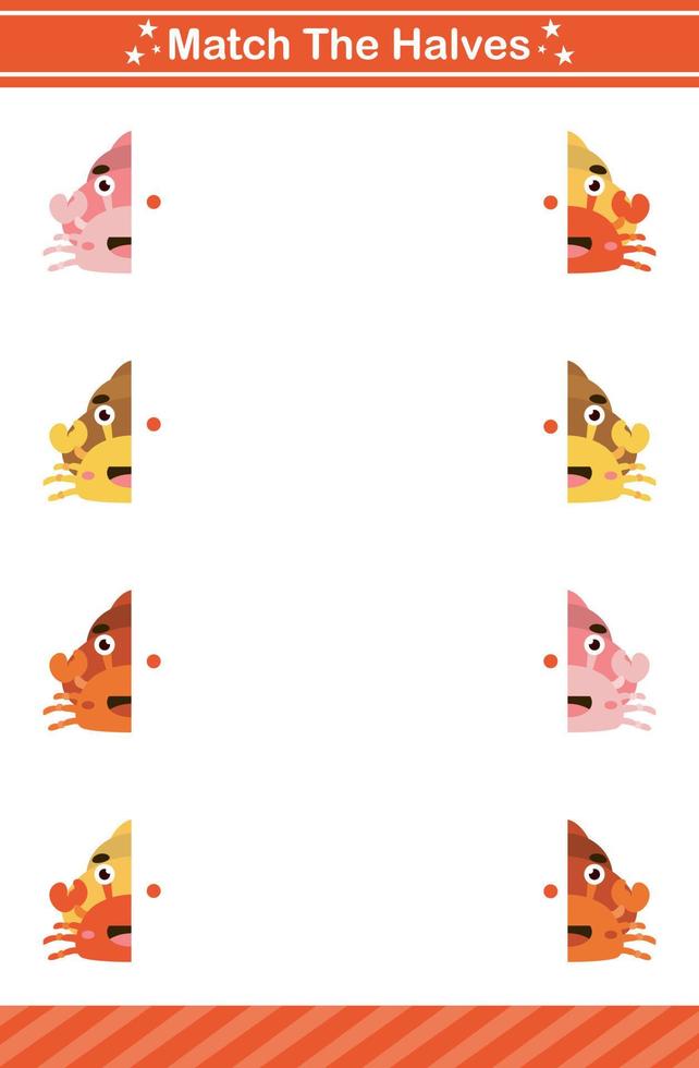 match the halves of carton hermit crab game for children worksheet game for kids vector