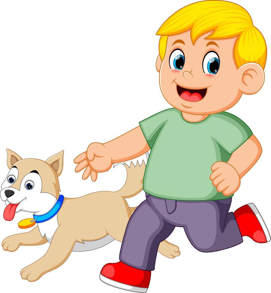 Boy running with his dog vector