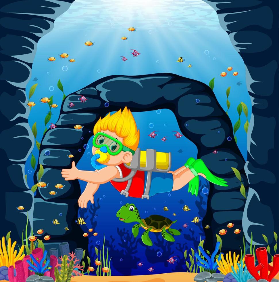 a boy using the red cloth is diving with the green turtle vector