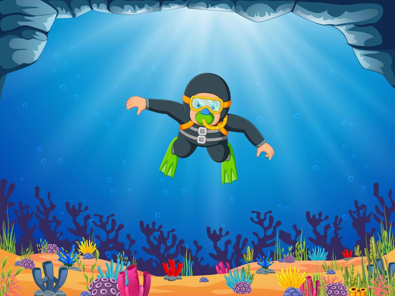 a man is diving under the blue sea with the yellow swimming glasses vector