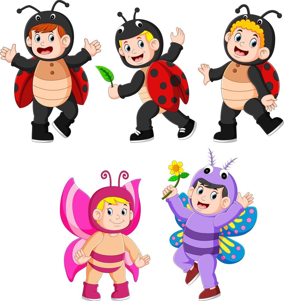 collection children wearing butterfly and ladybug costumes vector