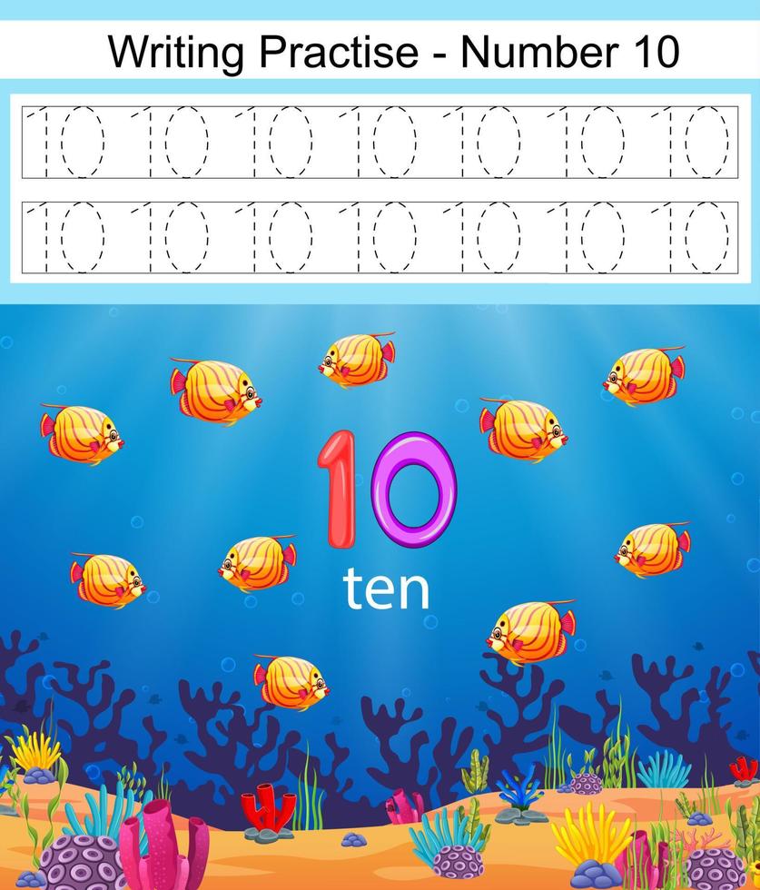 the writing practices number 10 with fish and coral underwater vector