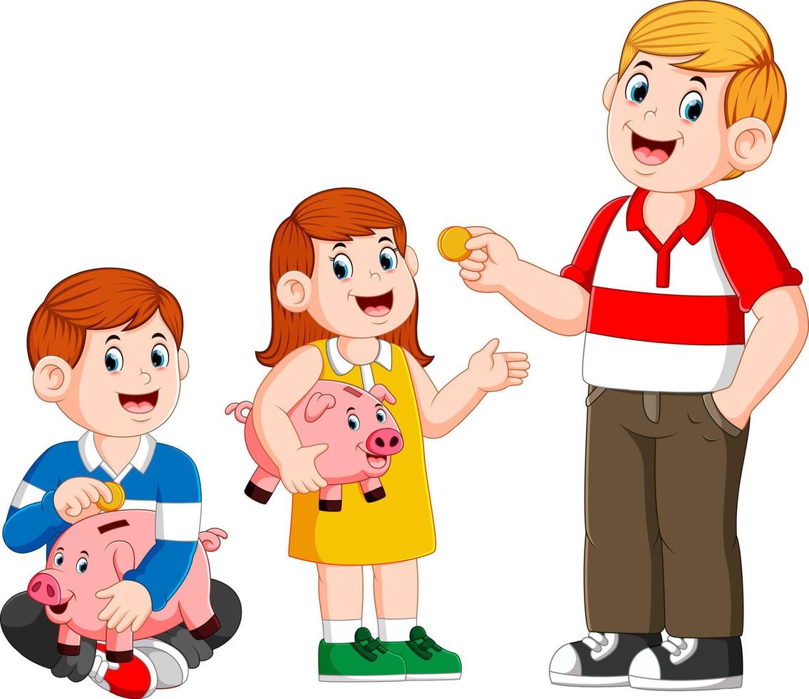Father give money to his child and the child holding piggy bank vector