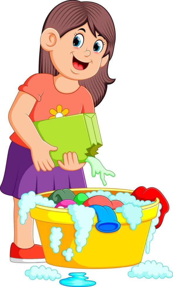 mujer lavando ropa en un lavabo con detergente vector