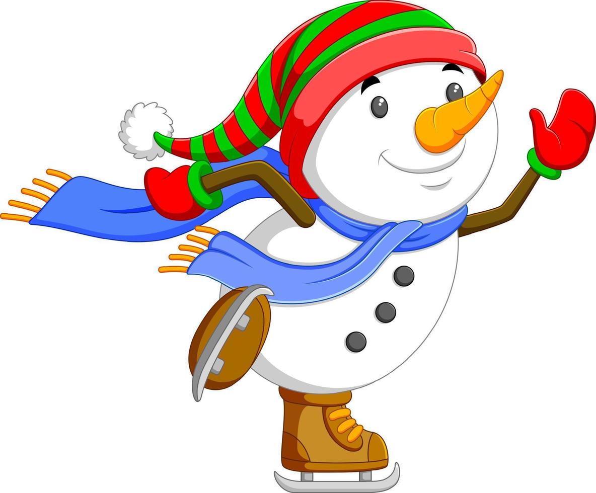 a big snowman is dancing and jumping with his brown ice skating shoes vector