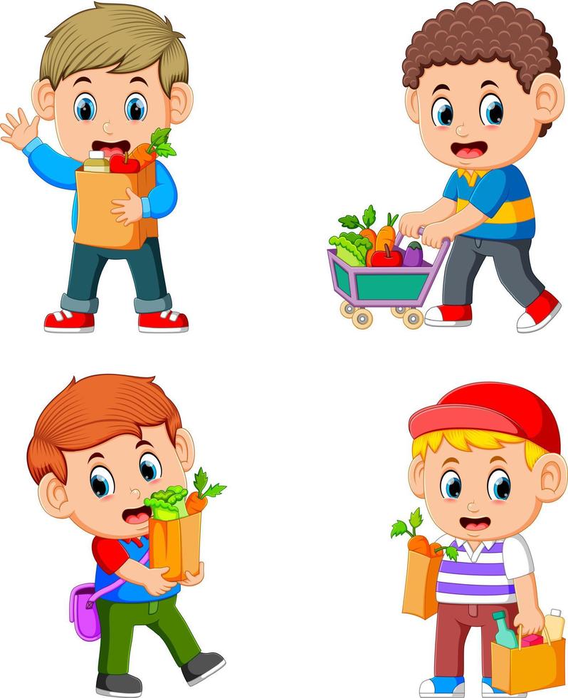 set collection of young man holding grocery shopping bag with vegetables and fruit vector