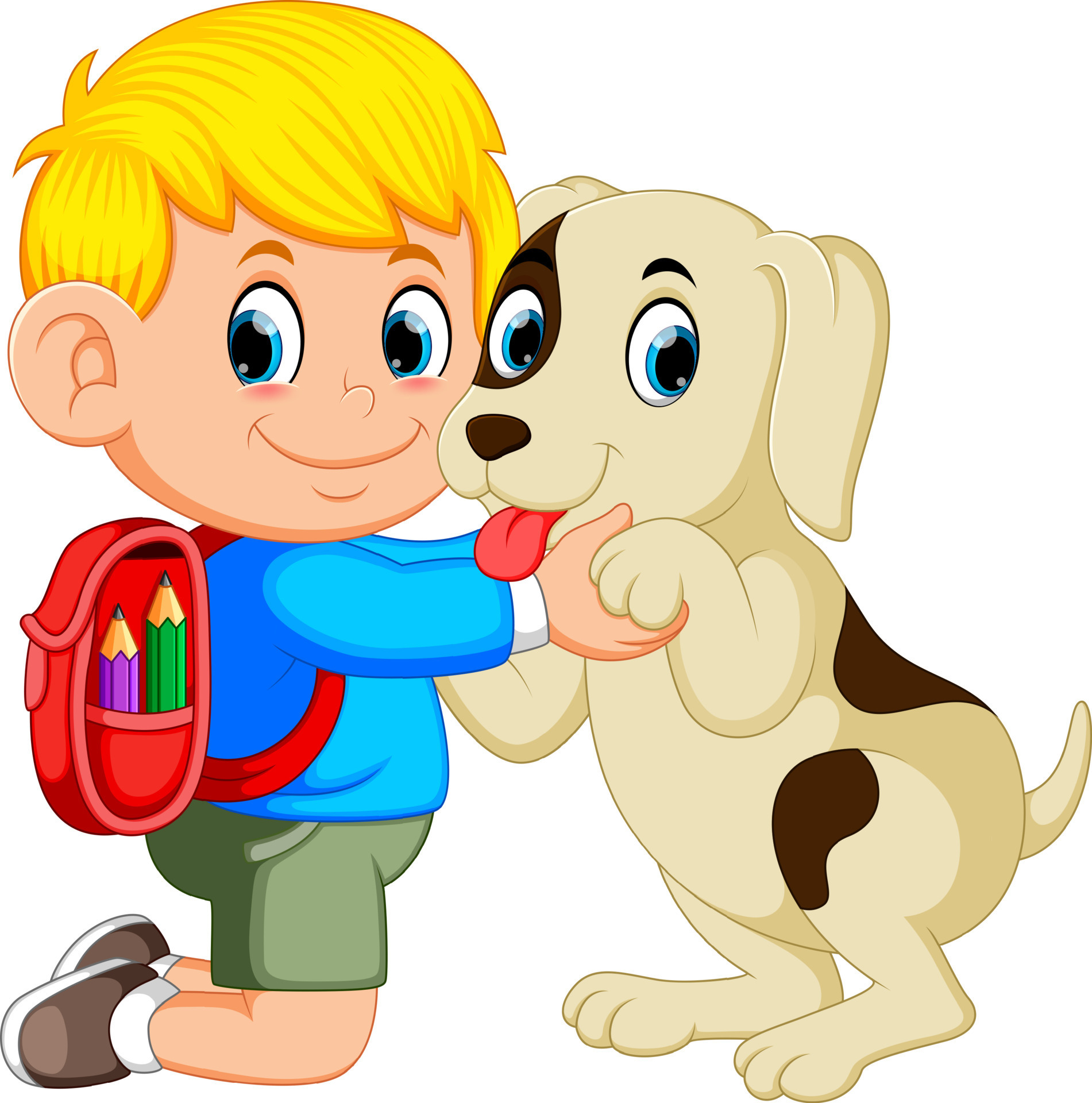A boy with backpack bag hugging his dog 13799478 Vector Art at Vecteezy