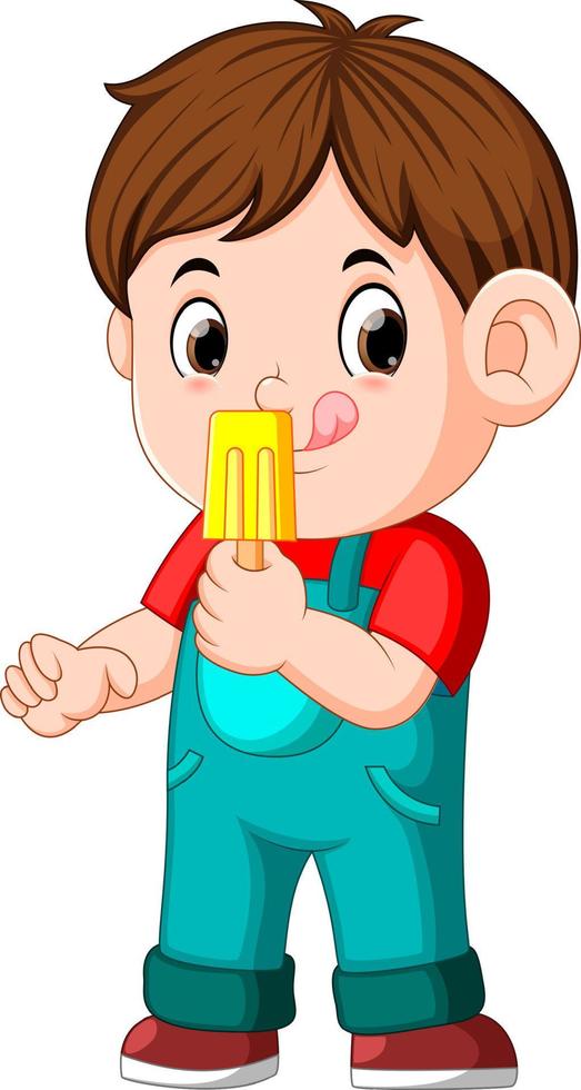 un niño comiendo helado de frutas en un palo vector