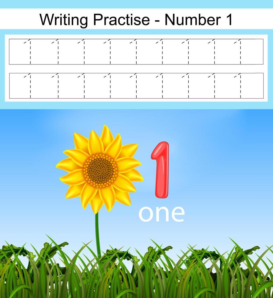 the writing practices number 1 with the big sunflower vector