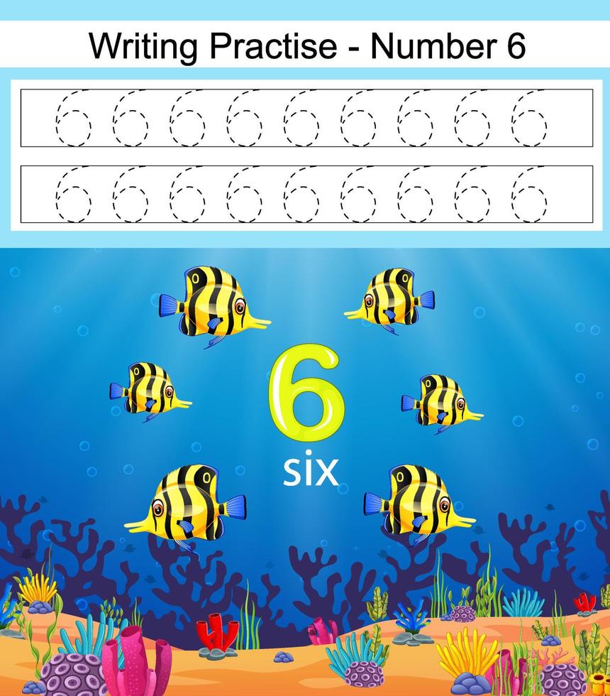 la escritura practica el numero 6 con hermosos peces vector