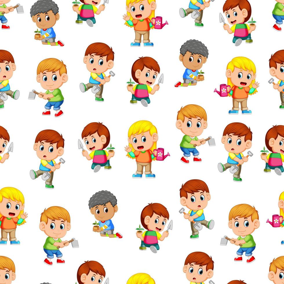 Seamless pattern with happy children holding the garden tools vector