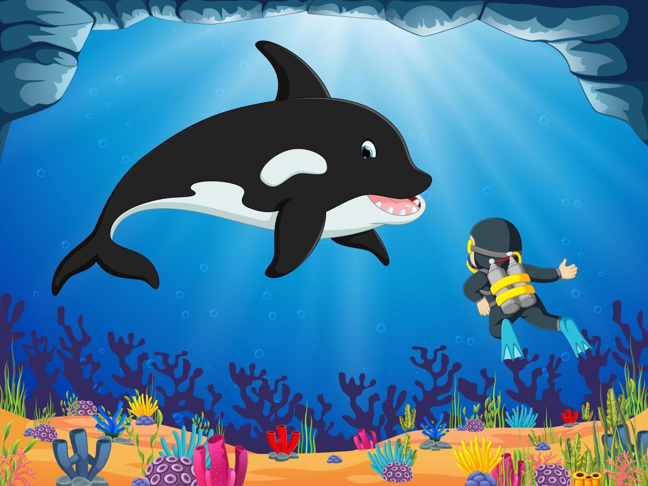 a brave diver is looking the big dolphin under the blue ocean vector