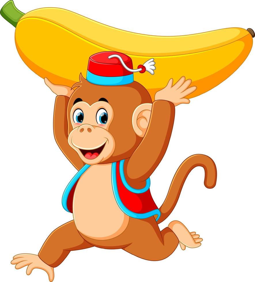 the circus monkey playing and holding up the big yellow banana vector