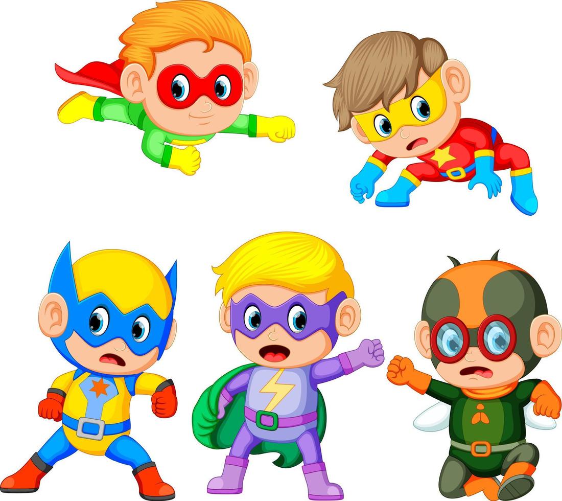 a group of the cute children uses the super heroes costume vector