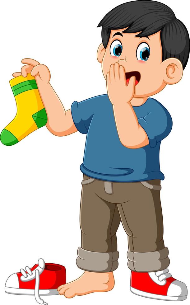 man grips nose with fingers holding a smelly sock vector