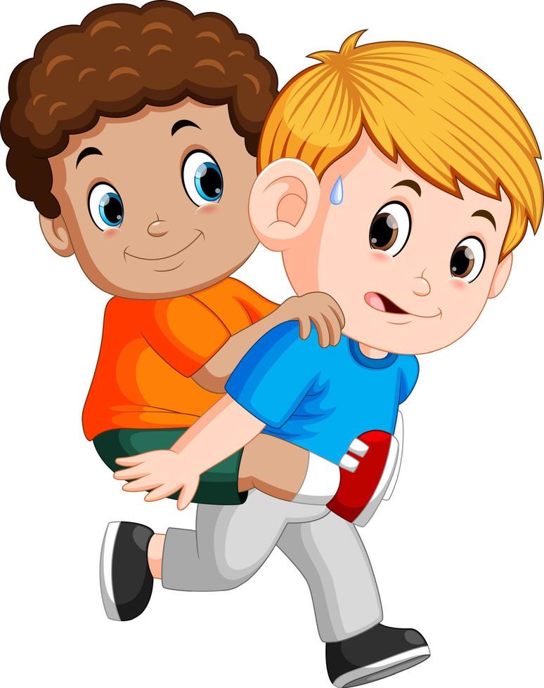 Smiling boy carrying his best friend on his back vector