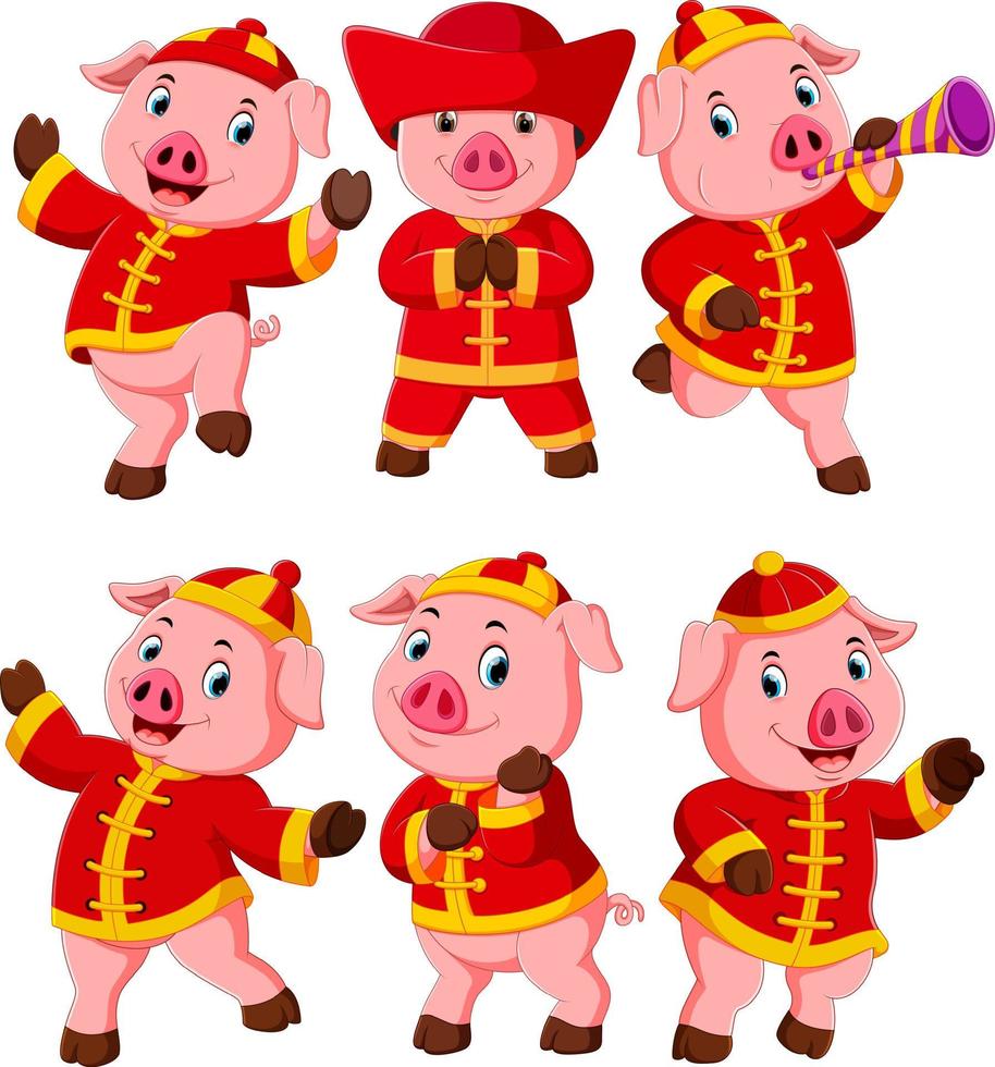 a collection of a little pink pigs uses a chinese new year costume vector