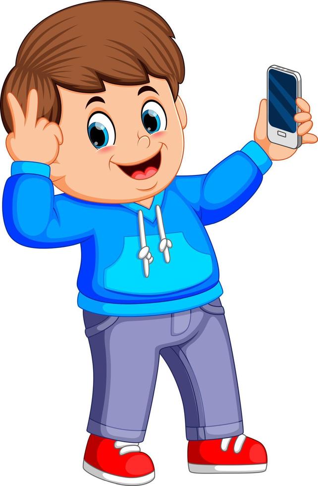 niño sosteniendo su teléfono inteligente con la mano y tomándose una selfie vector