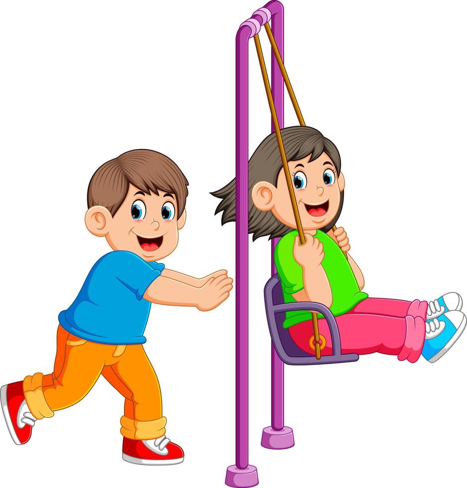 brother pushing sister on swing vector
