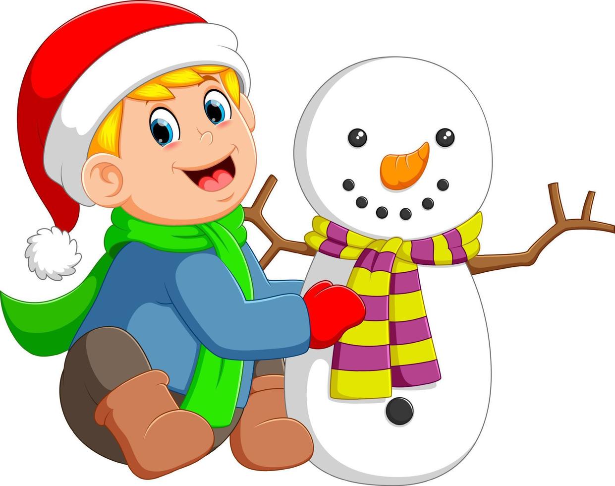 a little boy is making his big snowman with the snow vector