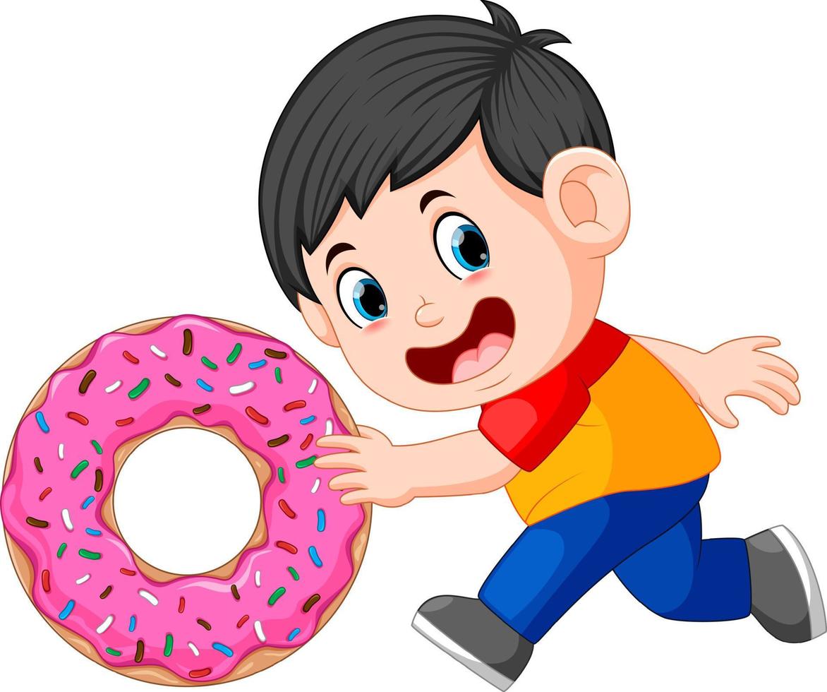 A boy pushing big donut vector