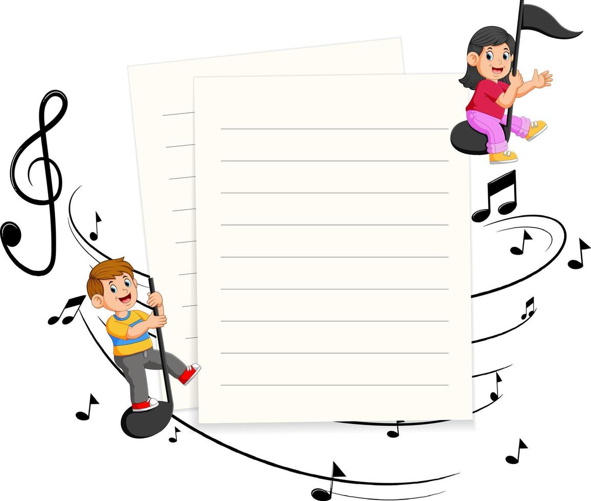 Two Kids riding music notes with paper blank background vector