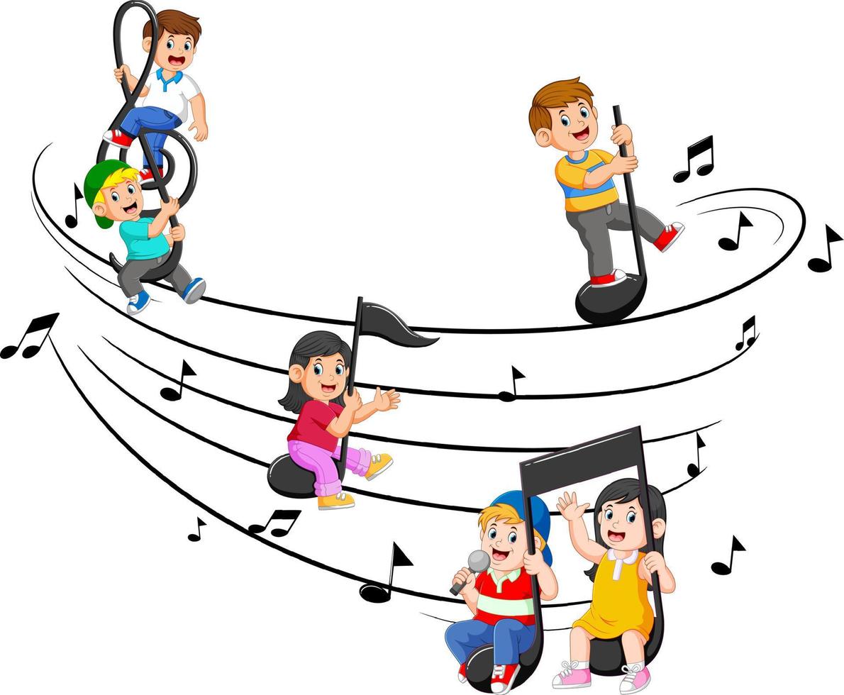 niños felices montando notas musicales vector