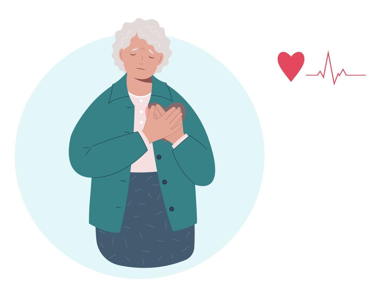 Elderly woman with heart attack, pain touching chest. Cardiovascular disease concept vector