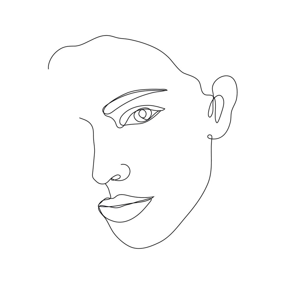 Vector hand drawn linear art, woman face, continuous line, fashion concept, feminine beauty minimalist. Print, illustration for t-shirt, design, logo for cosmetics, etc.