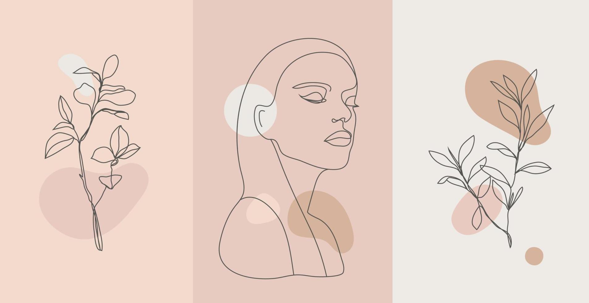 Vector beauty backgrounds, social media stories, posts feed layouts. Set of illustrations with one line continuous woman face and leaves, flowers. Contemporary collage with spots, square shape.