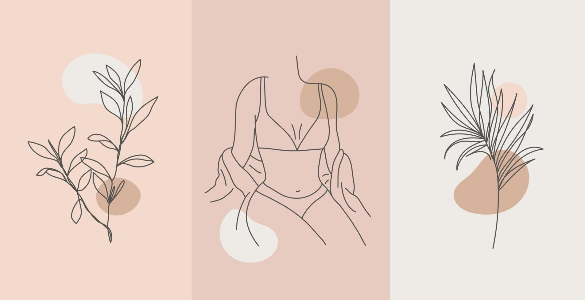 Vector set of line body silhouette illustrations, women and floral art . Minimalist linear female figure. Body positive cards, posters, prints, social net stories.