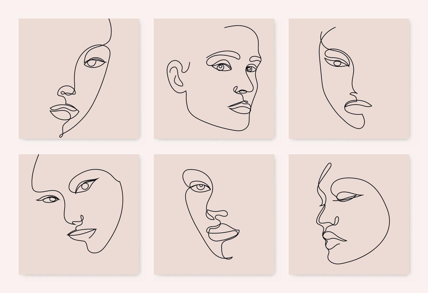 Vector set of one line art portraits, continuous portraits. Abstract female monoline faces. Women posters, cards, social net posts. Contemporary minimalist style.