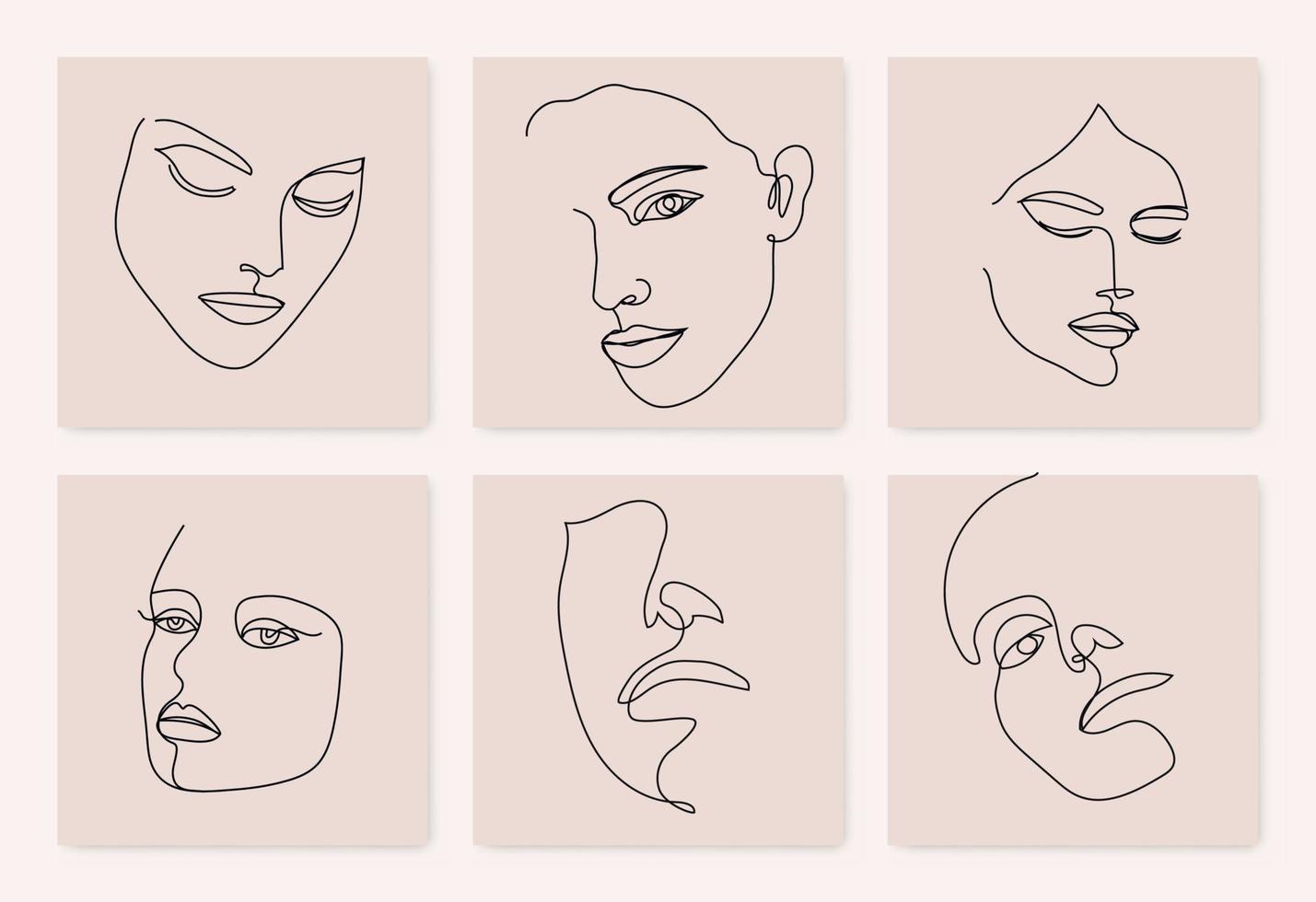 Vector set of one line art portraits, continuous portraits. Abstract female monoline faces. Women posters, cards, social net posts. Contemporary minimalist style.