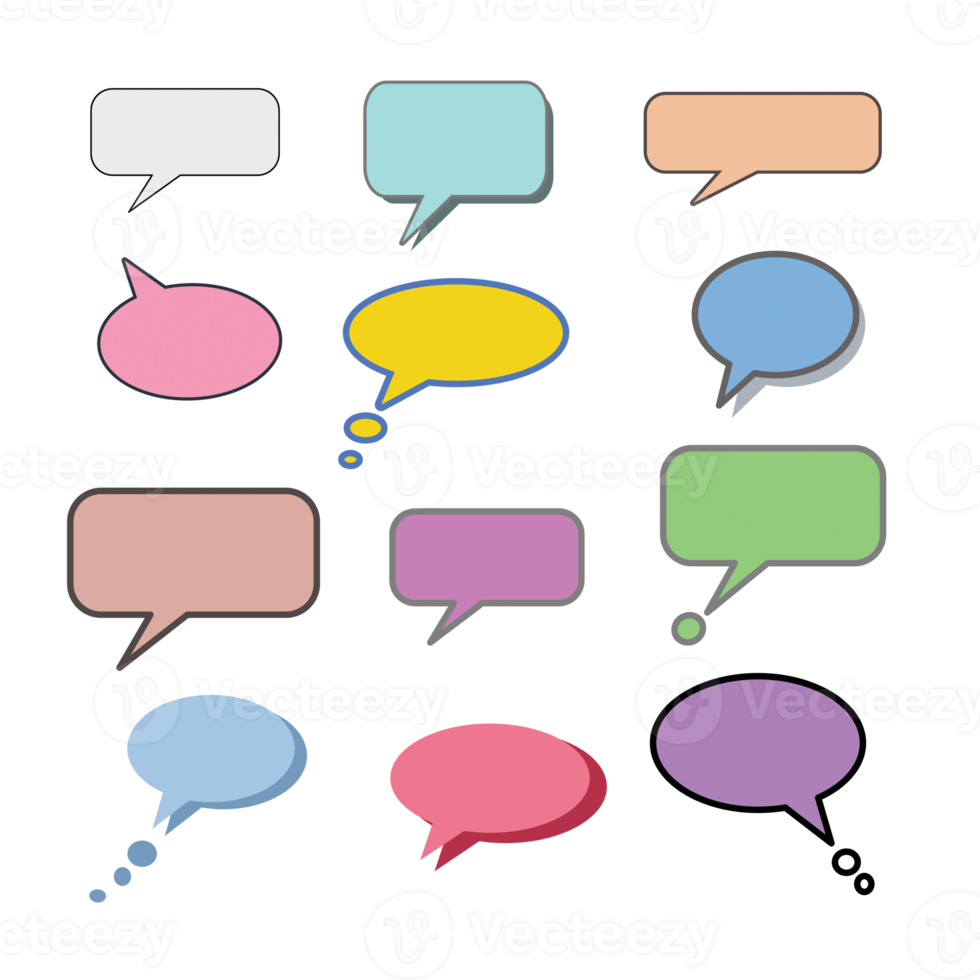 Set different dialog box, frame, speech balloon bubble colorful red violet yellow blue color in black line frame background png