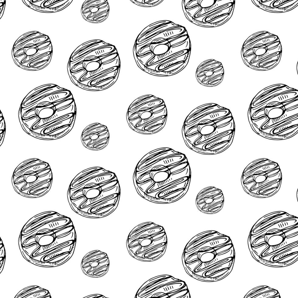 patrón simple sin costuras, garabatos de donuts dibujados a mano en blanco y negro, páginas para colorear, impresión vector