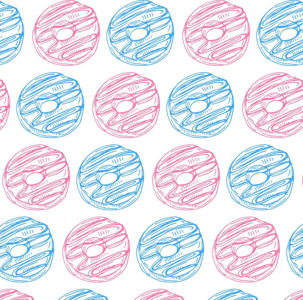 Vector seamless pattern with colorful donuts with glaze and sprinkles on a white background.