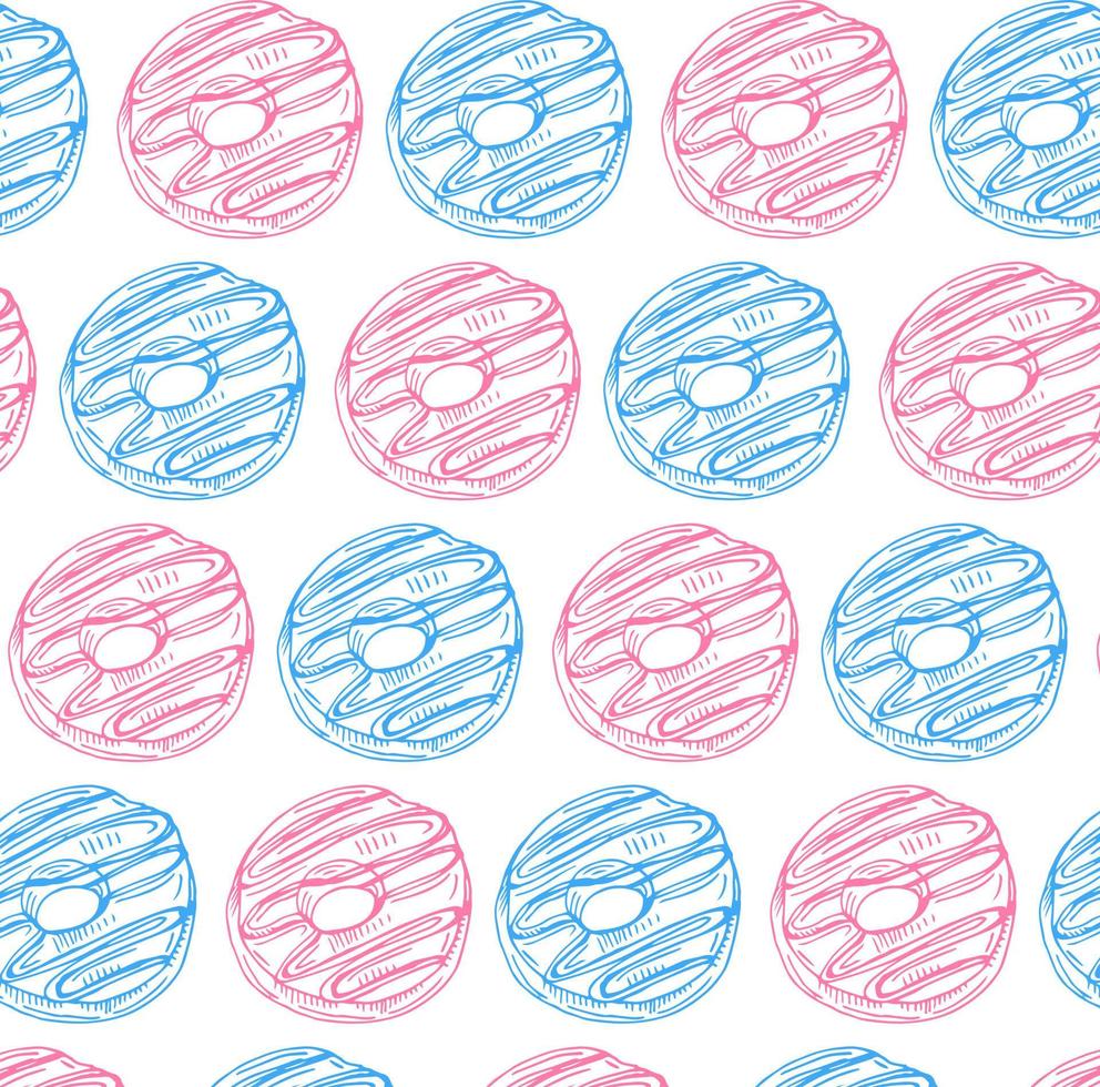 Vector seamless pattern with colorful donuts with glaze and sprinkles on a white background.