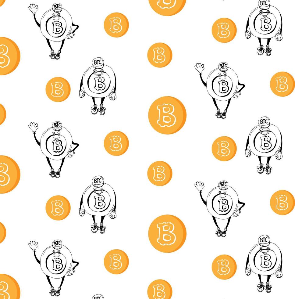 Cute funny Crypto coin character pattern with black coins isolated on white background.Vector vector