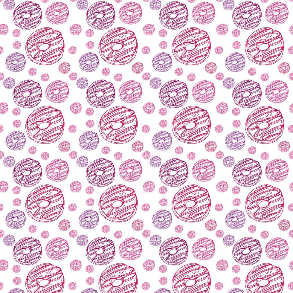 Vector seamless pattern with colorful donuts with glaze and sprinkles on a white background.