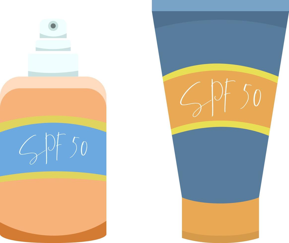 dos botellas de protección solar con copia spf50 incluida, estilo plano, aisladas en fondo blanco vector