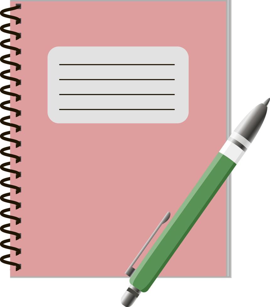 Pink vector copybook with green pen, isolated on white background