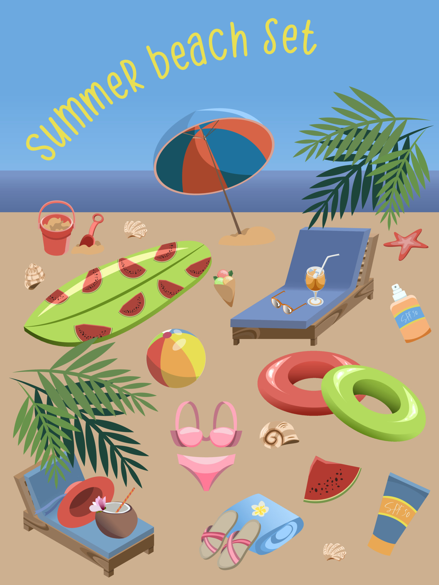 Vector summer beach set. Various items for seaside vacation, all objects are isolated and