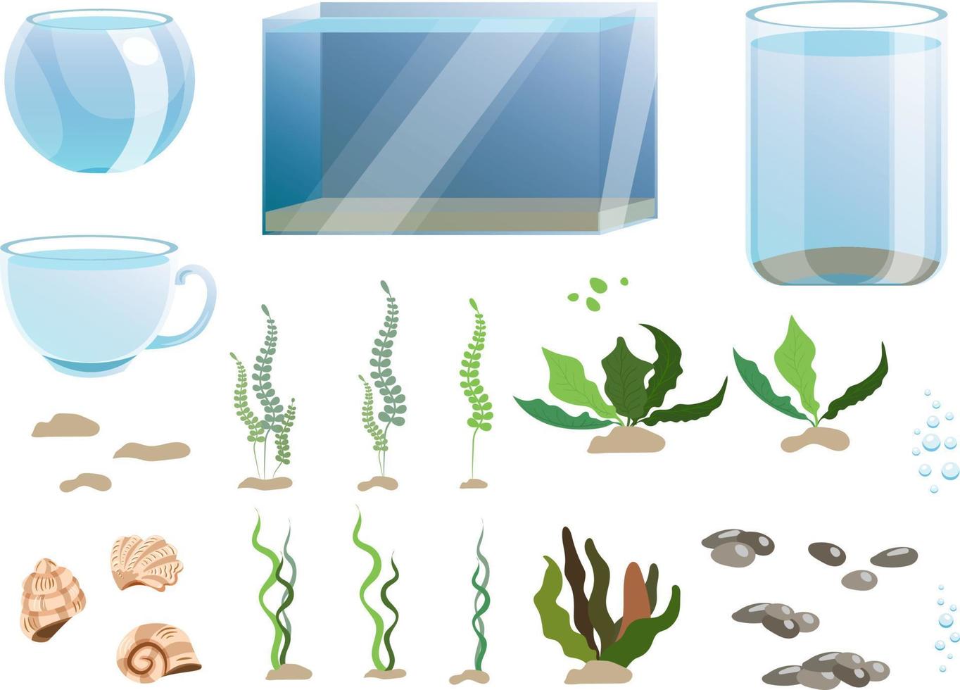 Vector set of different aquariums, underwater plants, stones, sand piles and seashells. All objects are isolated