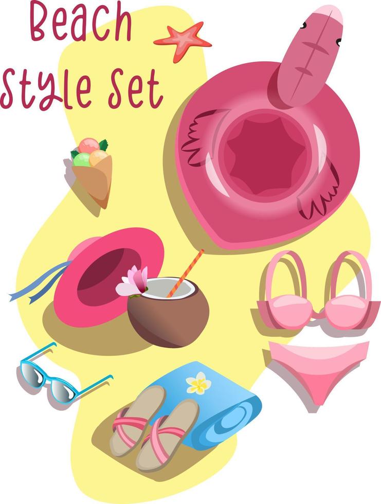 lindo y colorido juego de artículos de playa con anillo de flamenco, traje de baño, sombrero, gafas de sol, chanclas y postres vector