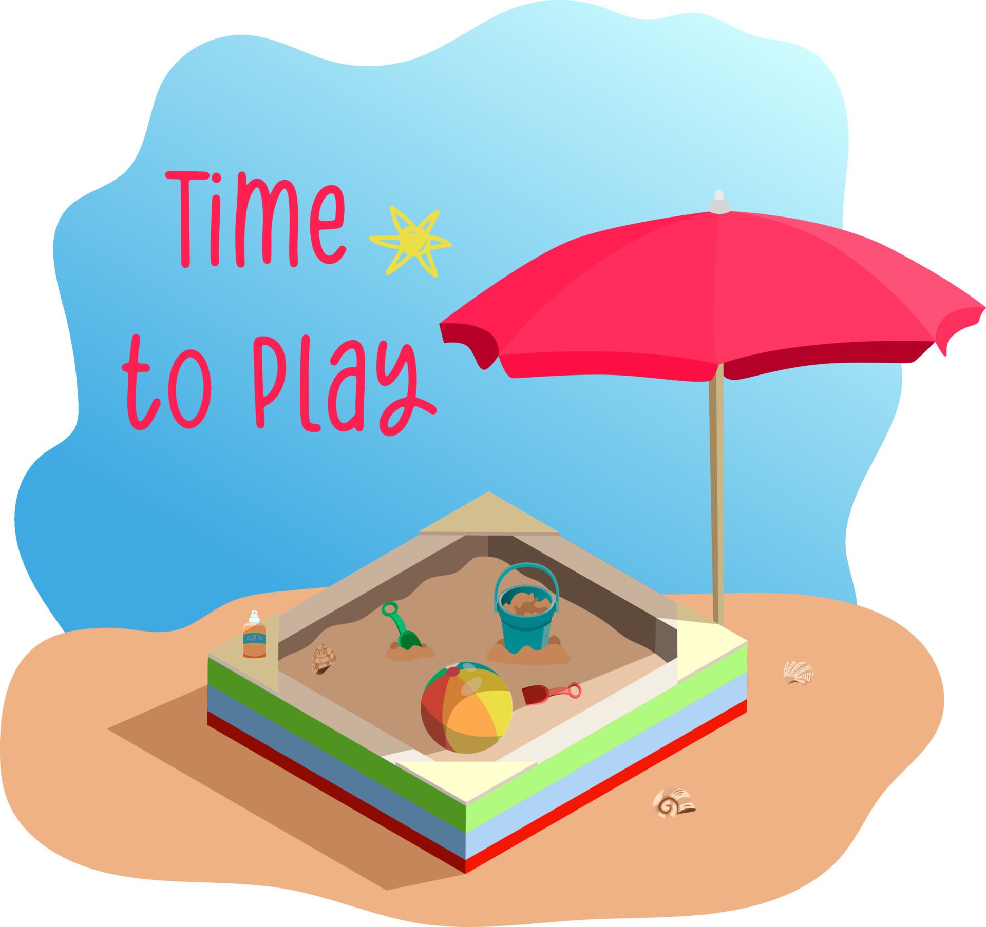 Beach sandbox with kids shovel, bucket and ball, in the shade of