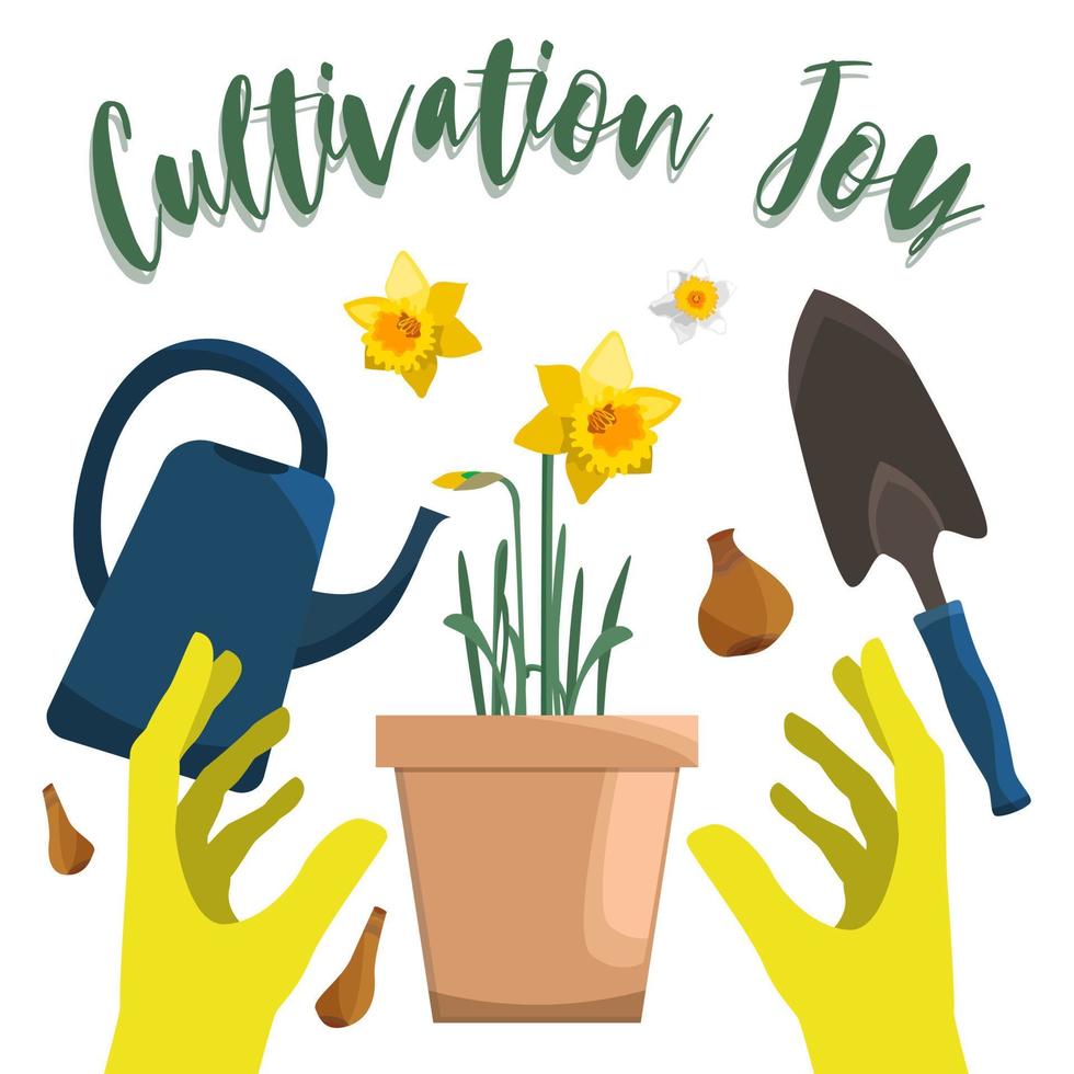 Cultivation joy set with gloved hands, sprinkler, shovel and daffodil in a pot. Isolated on white background vector