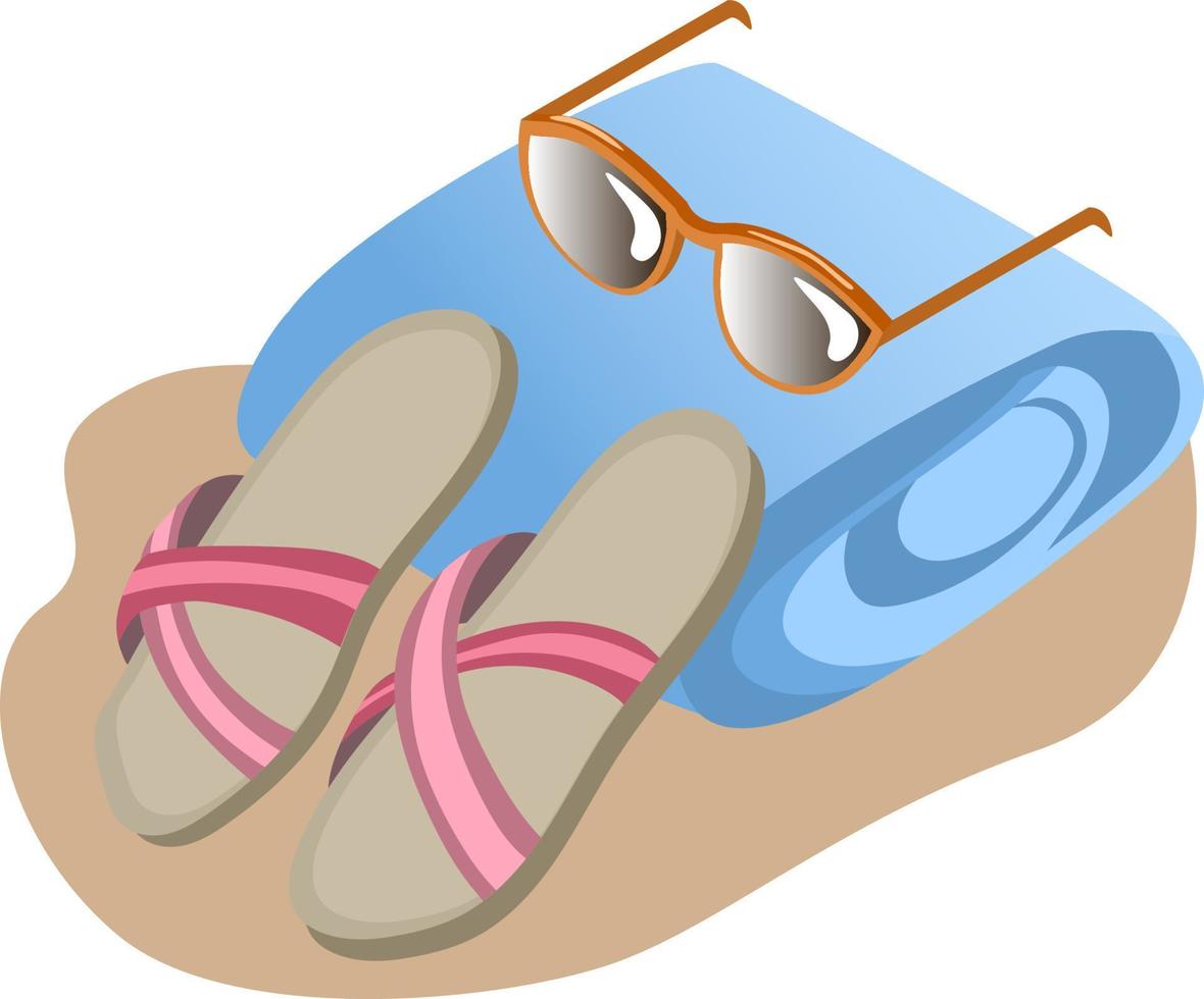 Set of pink striped beach slippers, blue beach towel and sunglasses, isolated on white background vector