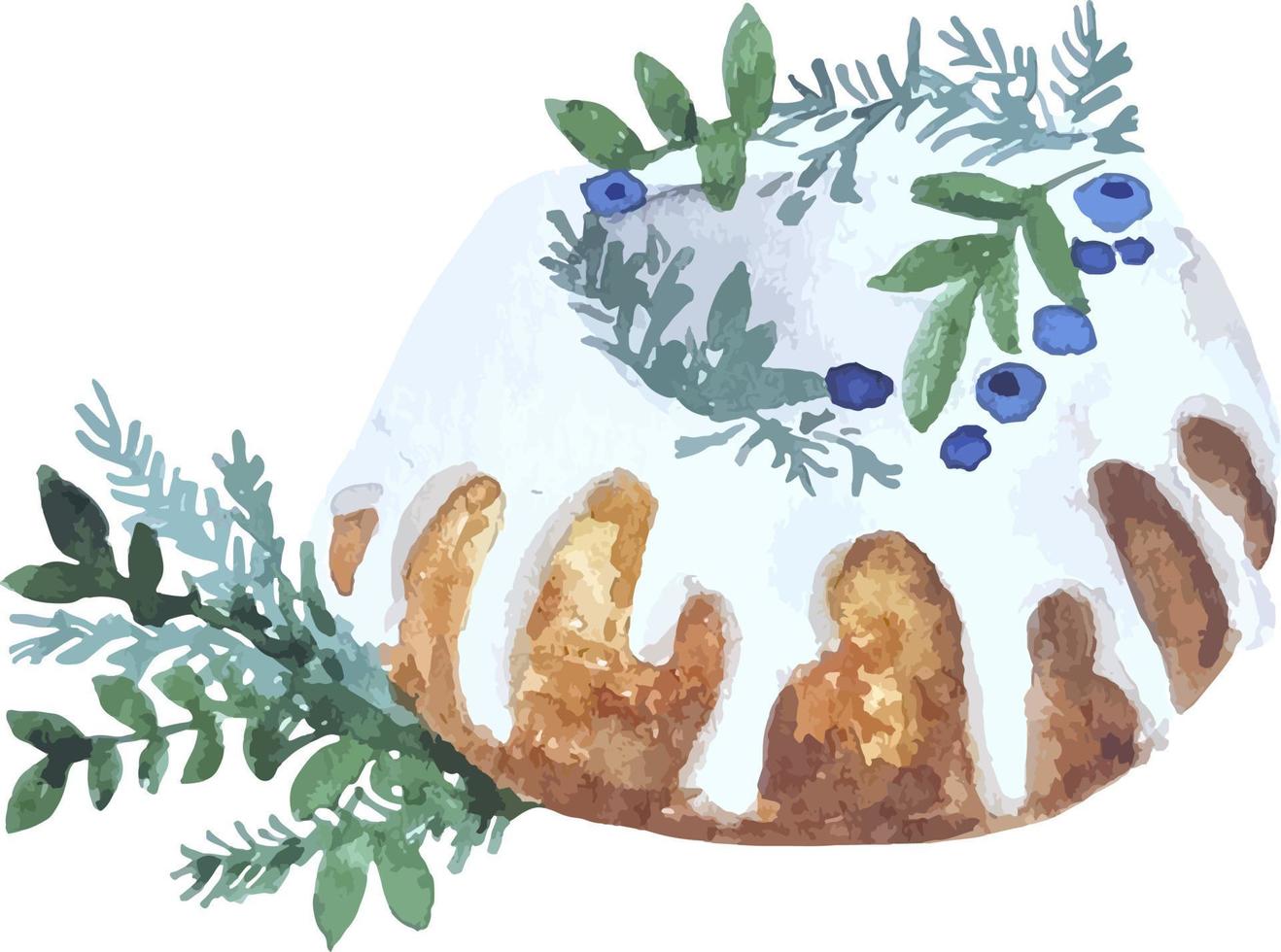 Watercolor christmas cake with holly berries and christmas tree branches on the transparent background vector