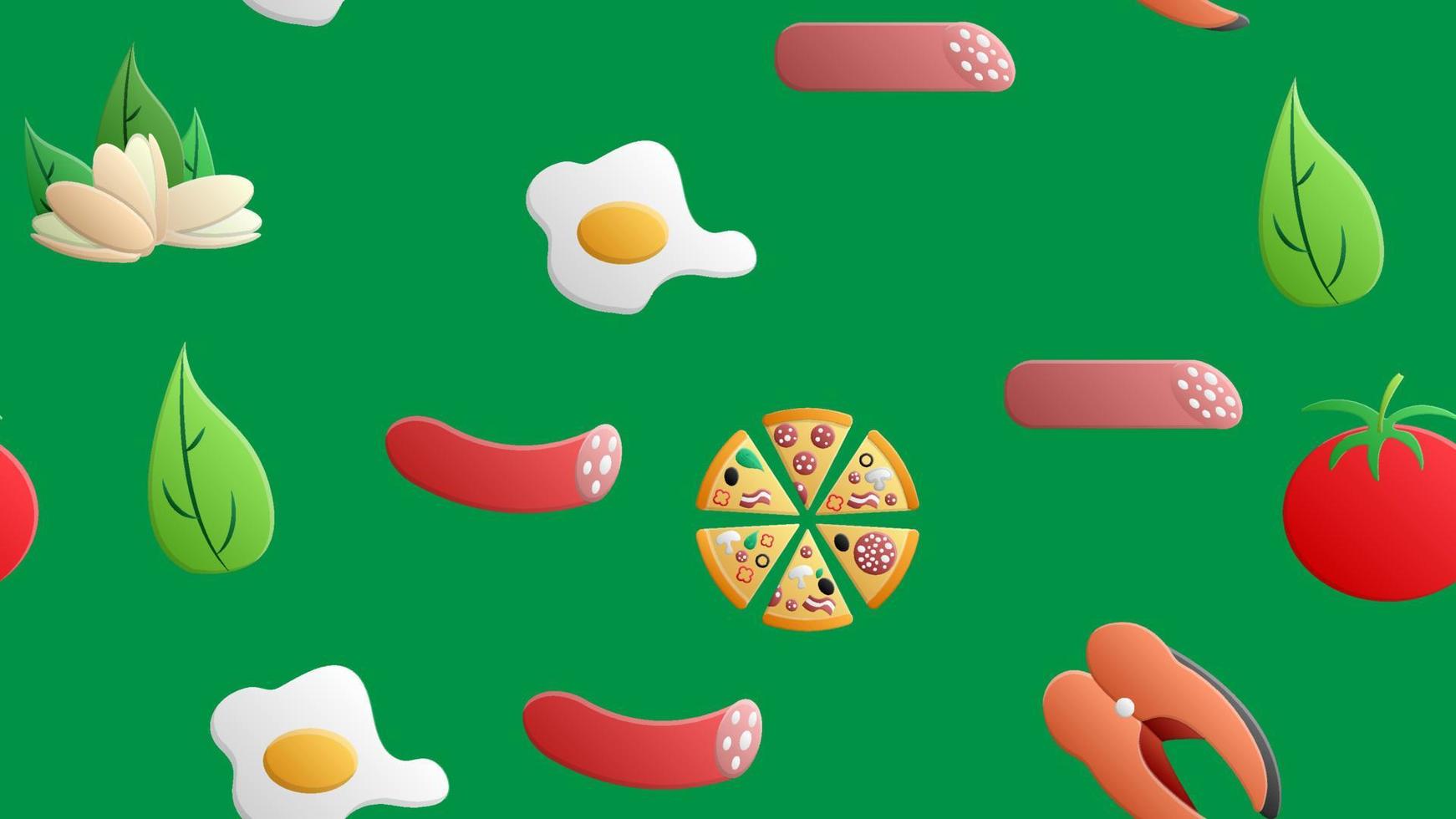 Endless green seamless pattern from a set of icons of delicious food and snacks items for a restaurant bar cafe pizza, pistachios, fish, salami, tomatoes, greens, egg. The background vector