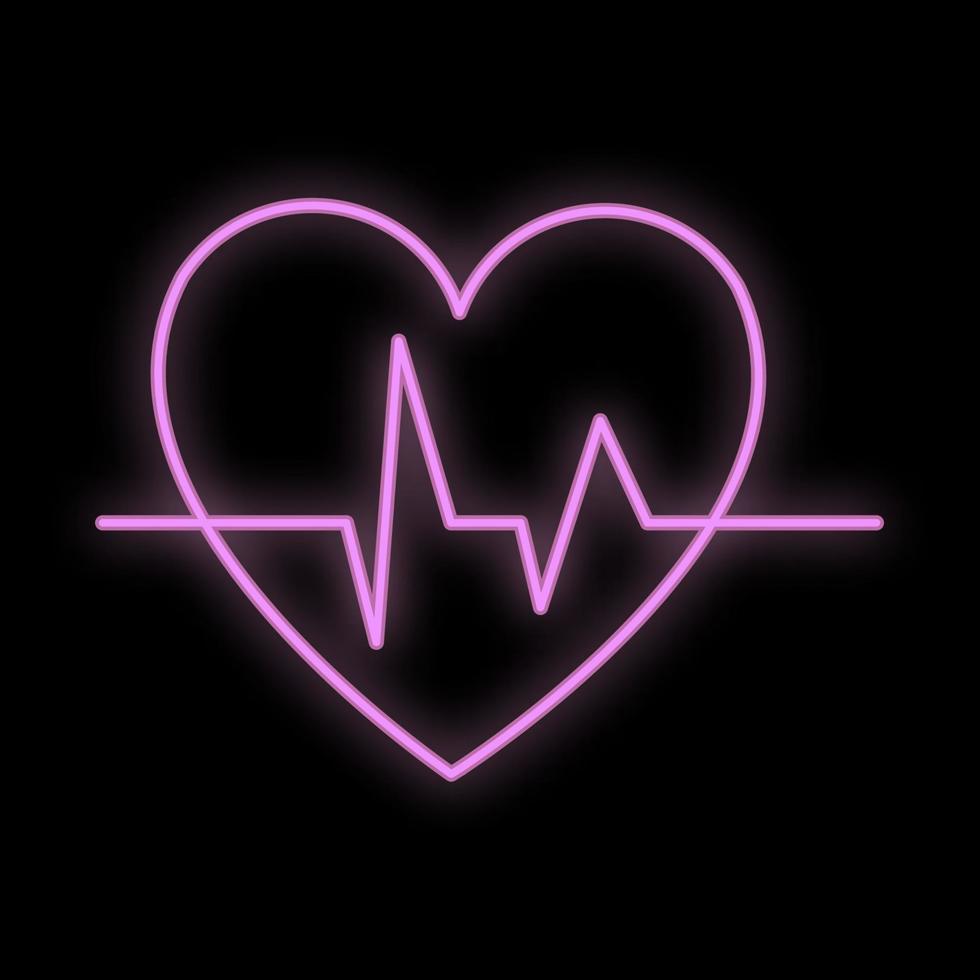 signo de neón digital médico científico médico púrpura luminoso brillante para una farmacia o laboratorio hospitalario. hermoso corazón brillante con pulso en un fondo negro. ilustración vectorial vector